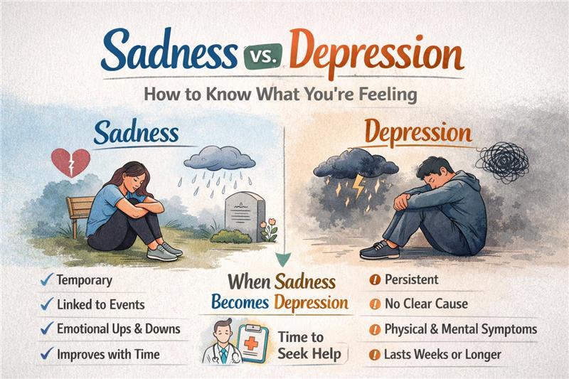 Infographic comparing sadness vs depression, highlighting temporary sadness and persistent depression symptoms and when to seek help.