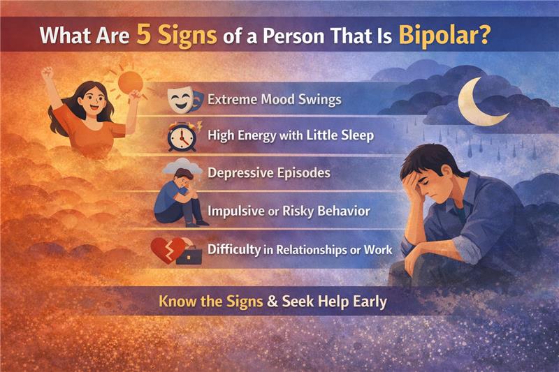 Illustration showing 5 signs of a person that is bipolar, including mood swings, high energy, and impulsive behavior.