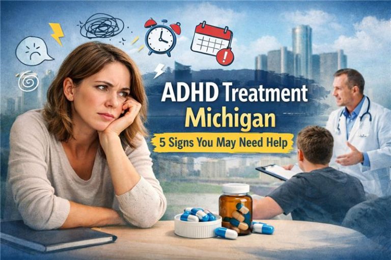 Adult woman showing ADHD symptoms with medical consultation imagery representing ADHD treatment in Michigan.
