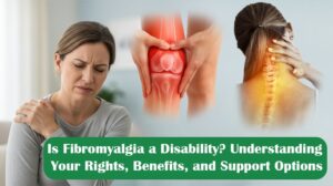 Fibromyalgia pain illustration showing shoulder, knee, and neck pain with text about disability rights and benefits.