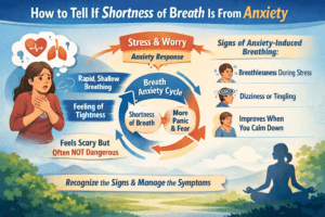 Infographic explaining how anxiety causes shortness of breath, showing stress triggers, symptoms, and calming effects.