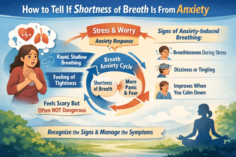 Infographic explaining how anxiety causes shortness of breath, showing stress triggers, symptoms, and calming effects.