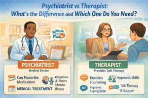 Illustration comparing psychiatrist and therapist—psychiatrist prescribes medication, therapist provides talk therapy and coping skills.