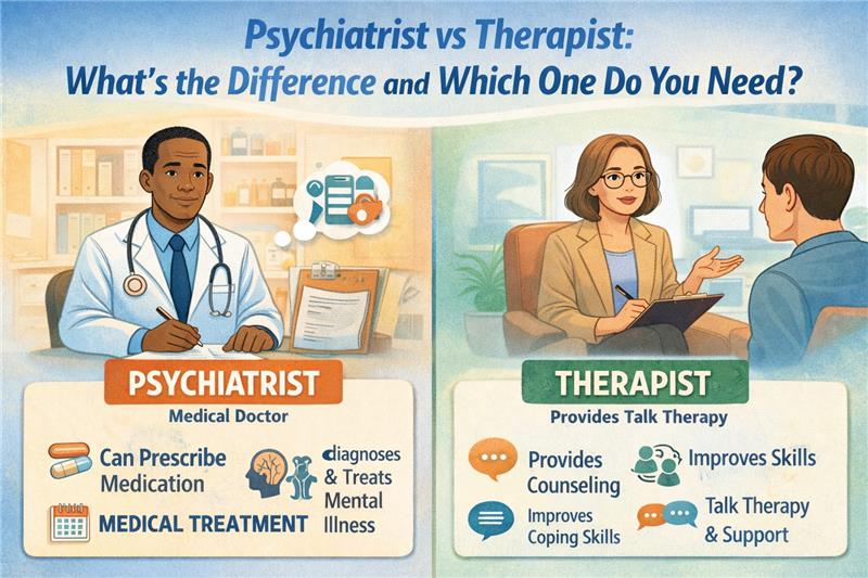 Illustration comparing psychiatrist and therapist—psychiatrist prescribes medication, therapist provides talk therapy and coping skills.
