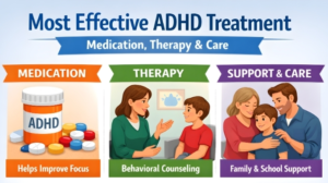 Infographic showing most effective ADHD treatment options including medication, behavioral therapy, and family and school support