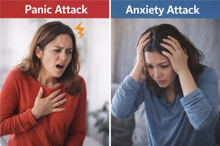 Panic attack vs anxiety attack comparison image showing physical symptoms of a panic attack and emotional symptoms of an anxiety attack.