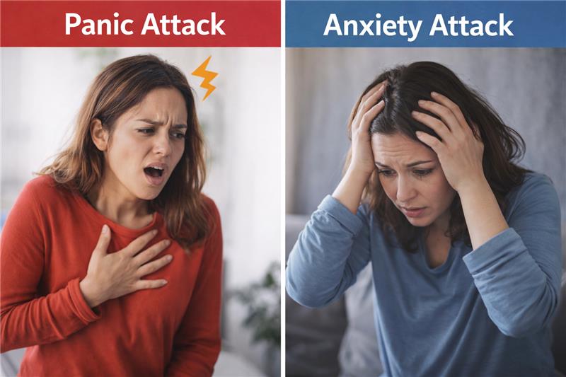 Panic attack vs anxiety attack comparison image showing physical symptoms of a panic attack and emotional symptoms of an anxiety attack.