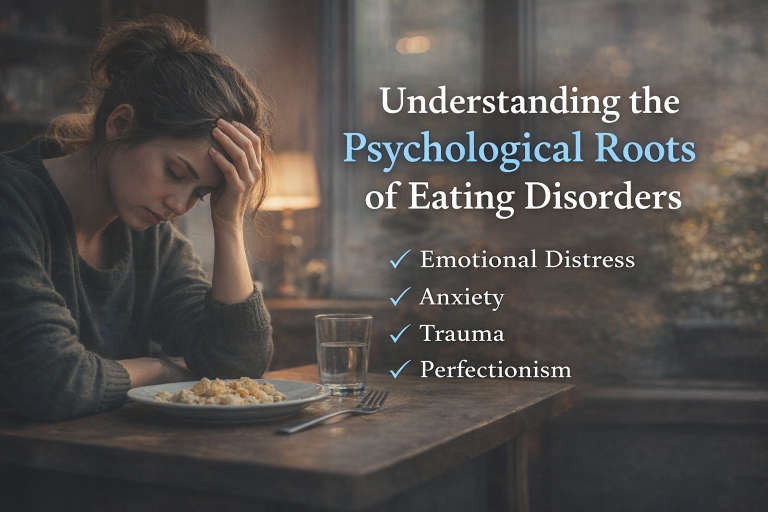Illustration showing emotional and psychological factors behind eating disorders.