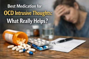 Prescription medication and pills on a table with a person holding their head, representing treatment options for OCD intrusive thoughts