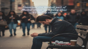 A person sitting alone on a city bench with head bowed while people pass by, symbolizing loneliness and feeling unseen in mental illness.
