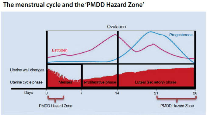Menstrual cycle chart showing PMDD hazard zones with estrogen and progesterone changes