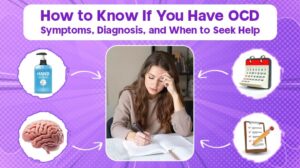 Illustration showing OCD symptoms such as repetitive thoughts, compulsive checking, excessive cleaning, and need for order.