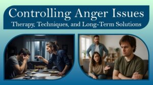 Visual representation of controlling anger issues showing emotional conflict and the need for therapy and emotional regulation.