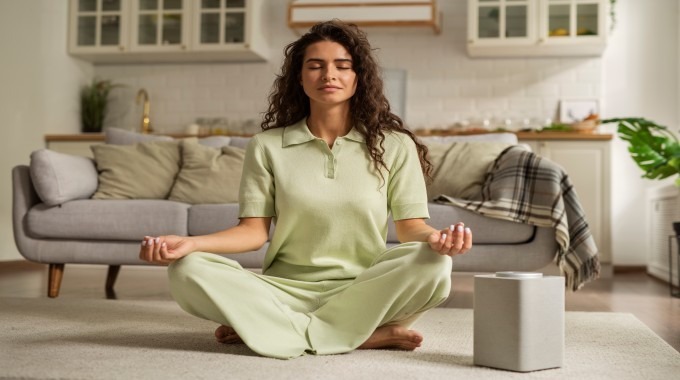 Woman sitting cross-legged and meditating calmly in a living room setting.