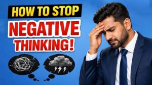 Man holding his head looking stressed with text “How to Stop Negative Thinking” and thought cloud graphics.