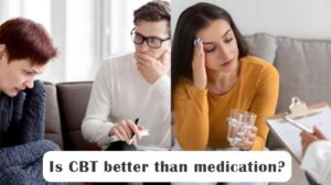 People discussing treatment with a therapist, comparing CBT therapy and medication for mental health conditions.