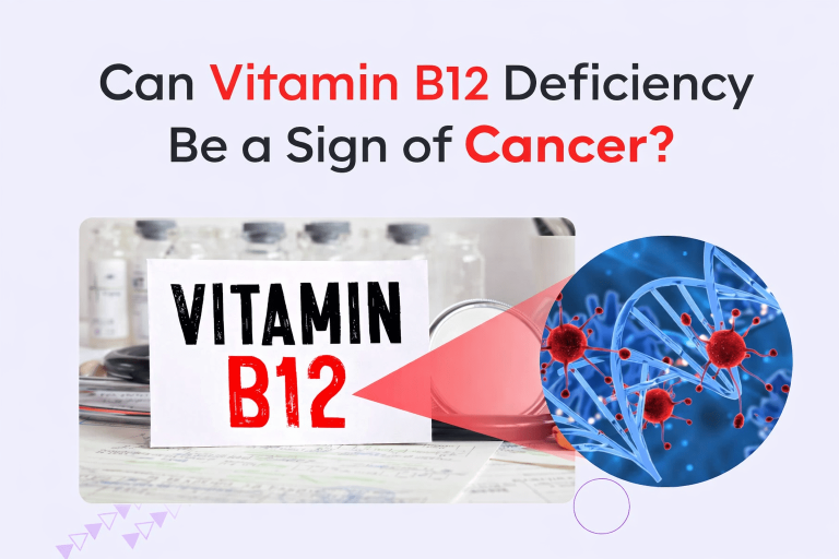 Graphic showing Vitamin B12 deficiency and its possible link to cancer with medical and DNA illustration.