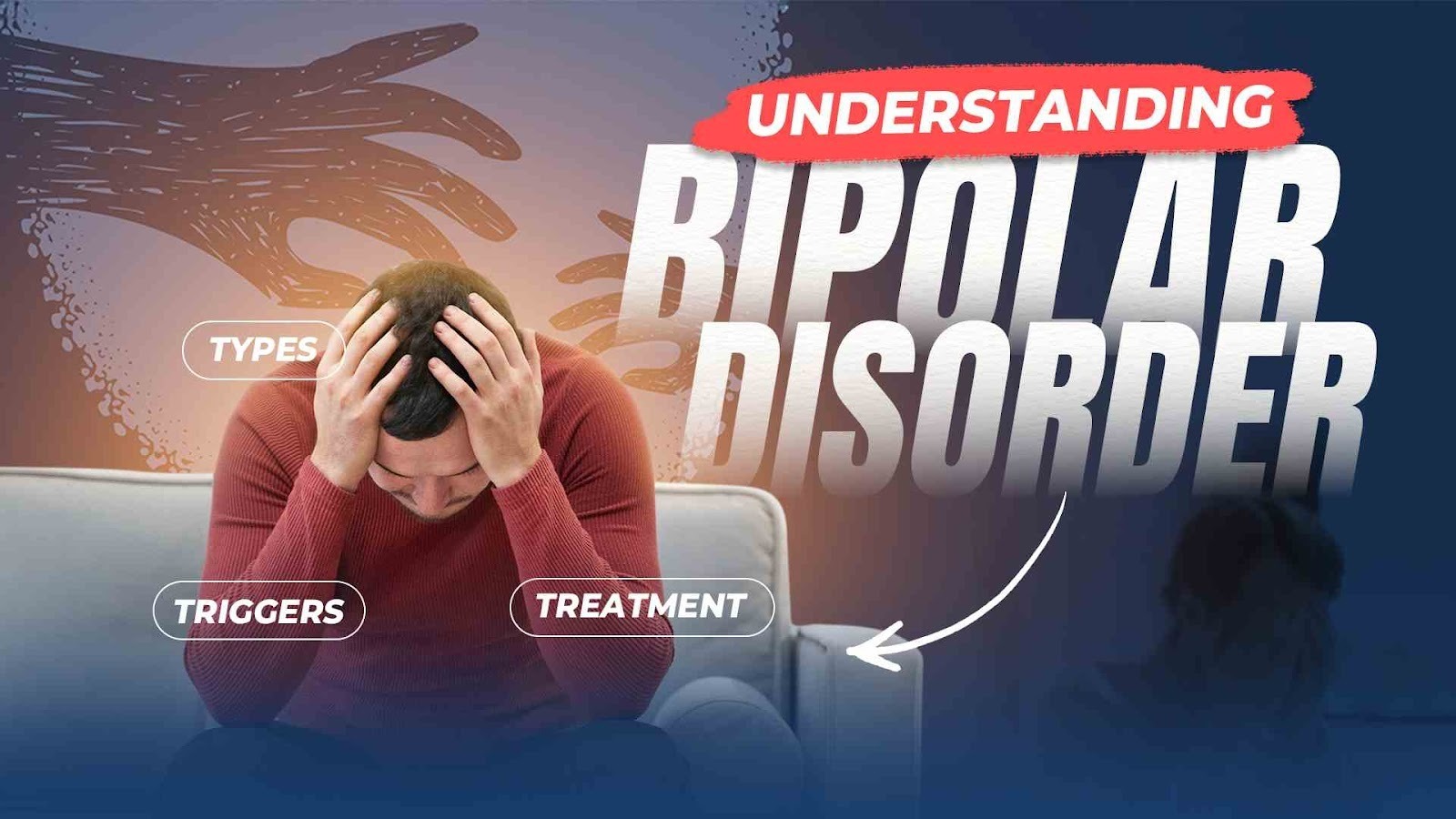 Person holding head in distress with text about understanding bipolar disorder, including types, triggers, and treatment.