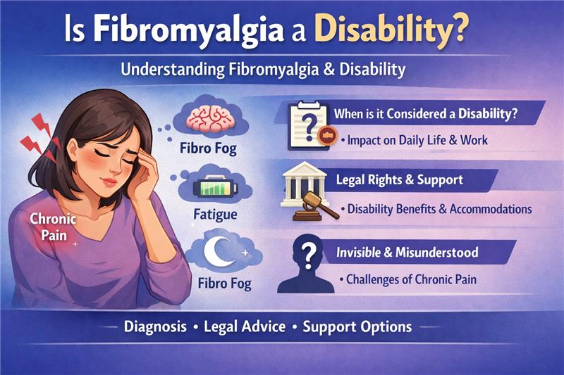 Illustration explaining fibromyalgia symptoms, chronic pain, fatigue, fibro fog, and its impact on disability and daily life.