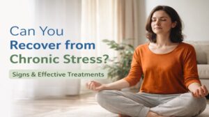 Woman meditating calmly at home with text “Can You Recover from Chronic Stress? Signs & Effective Treatments”