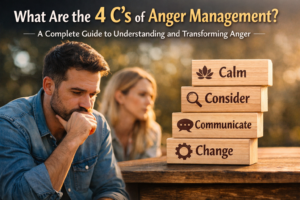 Illustration showing the 4 C’s of anger management: Calm, Consider, Communicate, and Change with a couple reflecting on conflict.