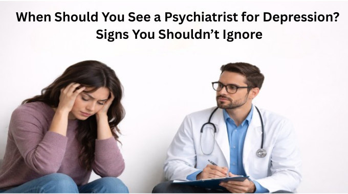 Woman sitting distressed while a doctor takes notes during a mental health consultation.