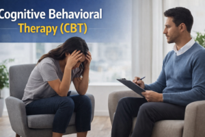 Distressed woman holding her head as a male therapist with a clipboard talks with her during a CBT session. The banner reads 'Cognitive Behavioral Therapy (CBT)'.