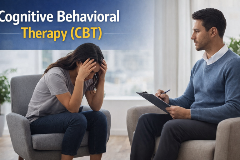 Distressed woman holding her head as a male therapist with a clipboard talks with her during a CBT session. The banner reads 'Cognitive Behavioral Therapy (CBT)'.
