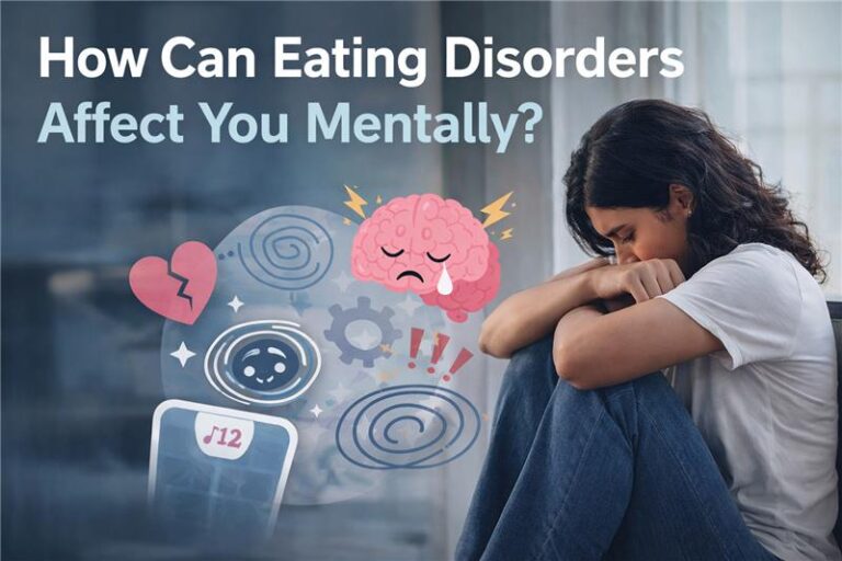 Young woman curled up in distress, with mental‑health icons (brain, gears, broken heart) and the title 'How Can Eating Disorders Affect You Mentally?'.