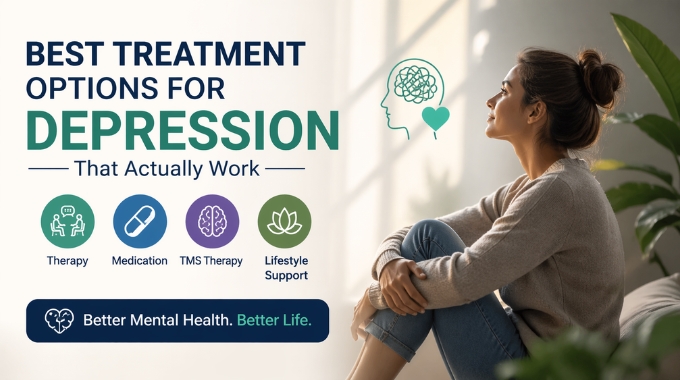 Best treatment options for depression including therapy, medication, TMS therapy, and lifestyle support with a calm and hopeful mental health concept image.