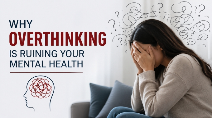 Overthinking causing stress and anxiety with a woman overwhelmed by thoughts, representing its impact on mental health.
