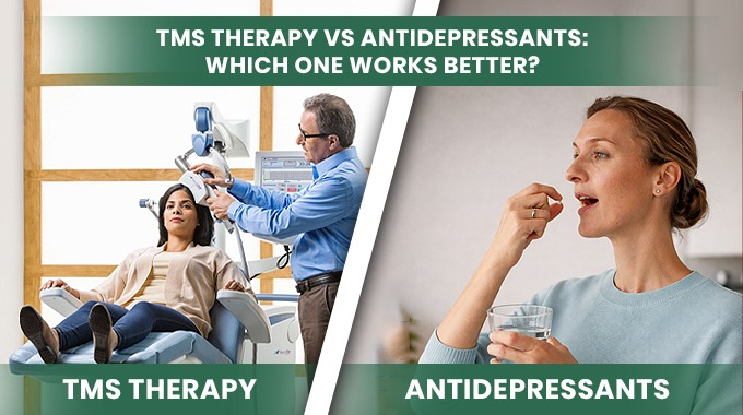 Comparison of TMS therapy vs antidepressants for depression showing TMS brain stimulation procedure and antidepressant pill intake.