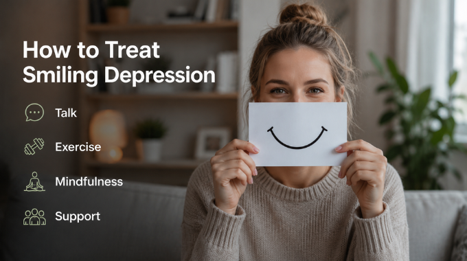 Woman holding a smile sign while discussing ways to treat smiling depression through support, mindfulness, exercise, and therapy.