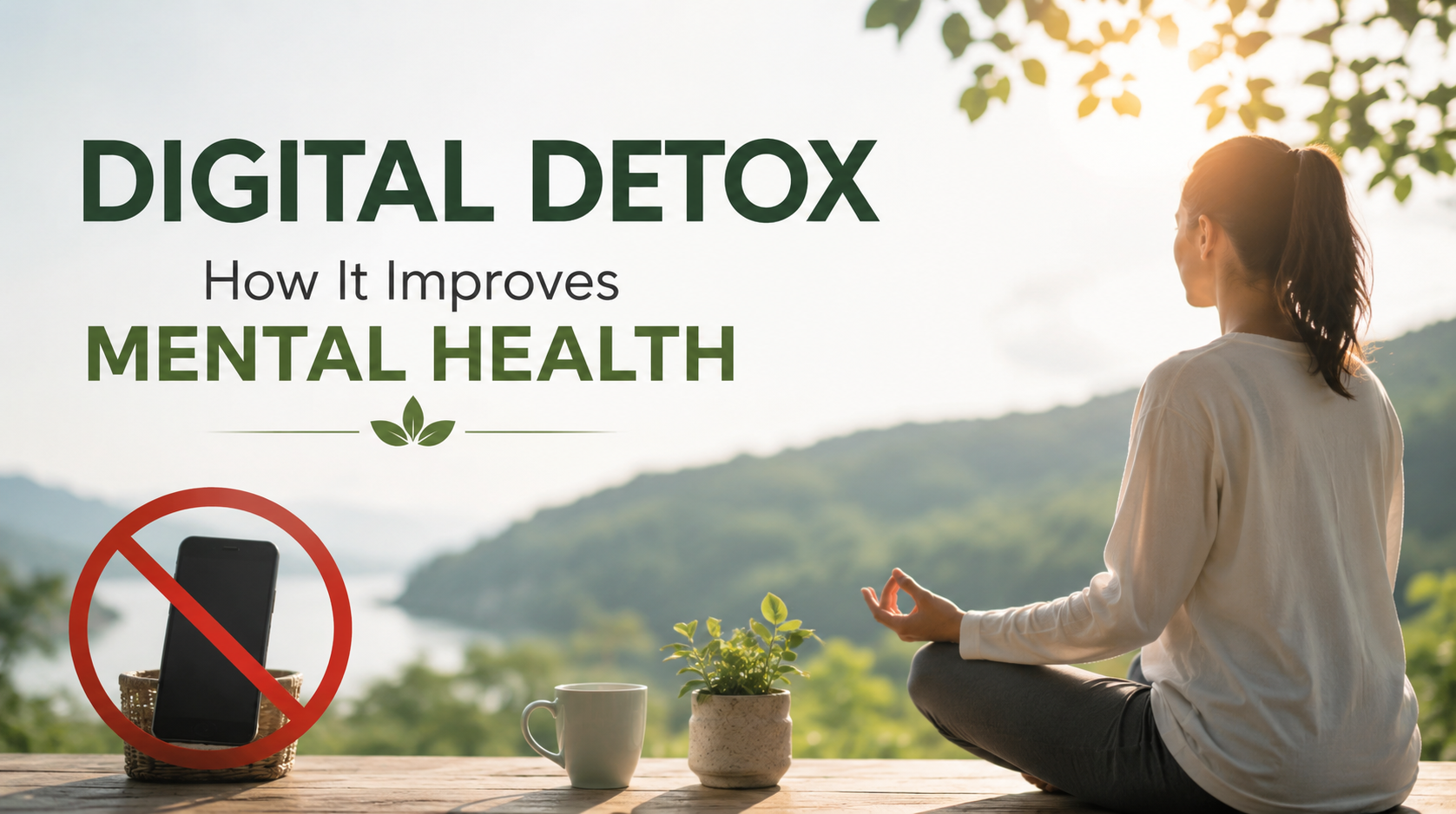 Woman meditating outdoors beside a phone with a no-symbol and text reading ‘Digital Detox: How It Improves Mental Health.