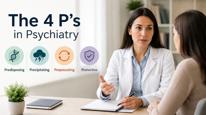 Psychiatrist consulting with patient beside infographic explaining the 4 Ps in psychiatry: predisposing, precipitating, perpetuating, and protective factors.