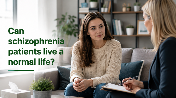 Woman speaking with a therapist during a counseling session with text asking, “Can schizophrenia patients live a normal life?