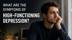 Man sitting thoughtfully by a window with text about high-functioning depression.