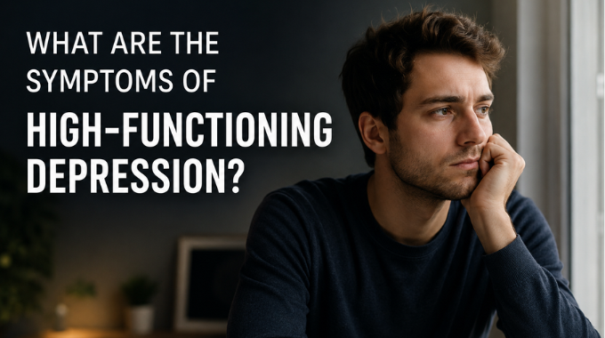 Man sitting thoughtfully by a window with text about high-functioning depression.