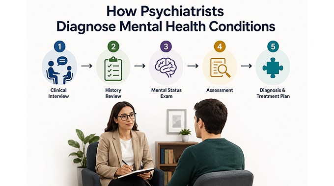 Infographic showing how psychiatrists diagnose mental health conditions through interviews, assessments, and treatment planning.