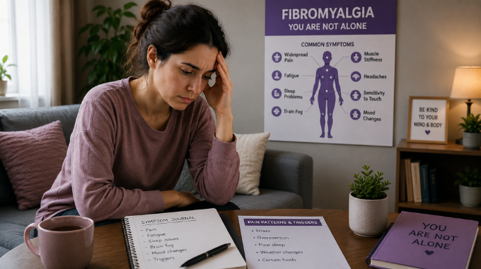Woman experiencing fibromyalgia symptoms while sitting at home with symptom notes and awareness posters nearby.
