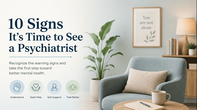 Calm therapy office illustrating the 10 signs it's time to see a psychiatrist and seek mental health support.