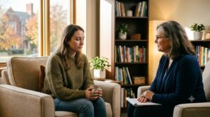 A woman speaking with a therapist in a warm, calming office setting.