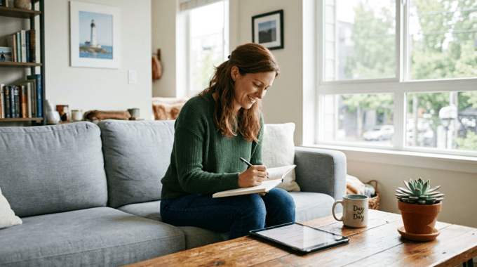 A woman smiling gently while writing in a journal on a living room sofa, symbolizing progress, personal reflection, and a hopeful journey through a depression treatment timeline.
