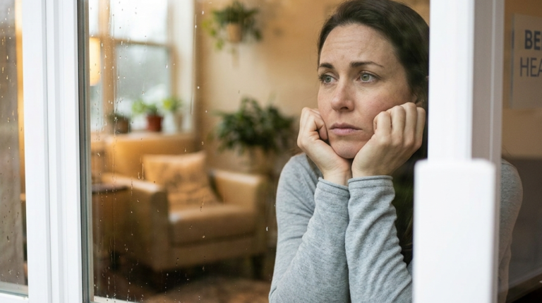 Woman looking out a window while experiencing anxiety before seeking professional mental health treatment.