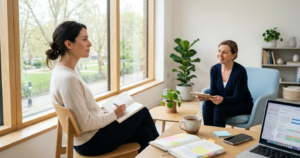A thoughtful woman with a notebook sits by a window in a bright therapy office, speaking with a supportive psychologist.