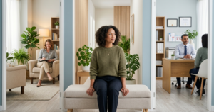 Person sitting between a warm therapy office and a modern psychiatry room, contemplating care options.