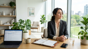 A woman in a grey blazer sits attentively at a well-lit wooden desk with a laptop, planner, and plants.