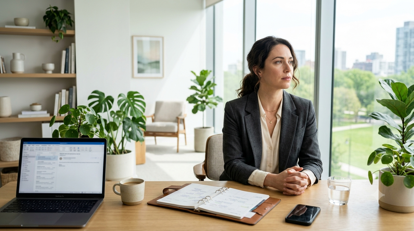 A woman in a grey blazer sits attentively at a well-lit wooden desk with a laptop, planner, and plants.