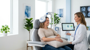 A smiling woman receives a non-invasive brain stimulation treatment from a female clinician in a bright, modern clinic.