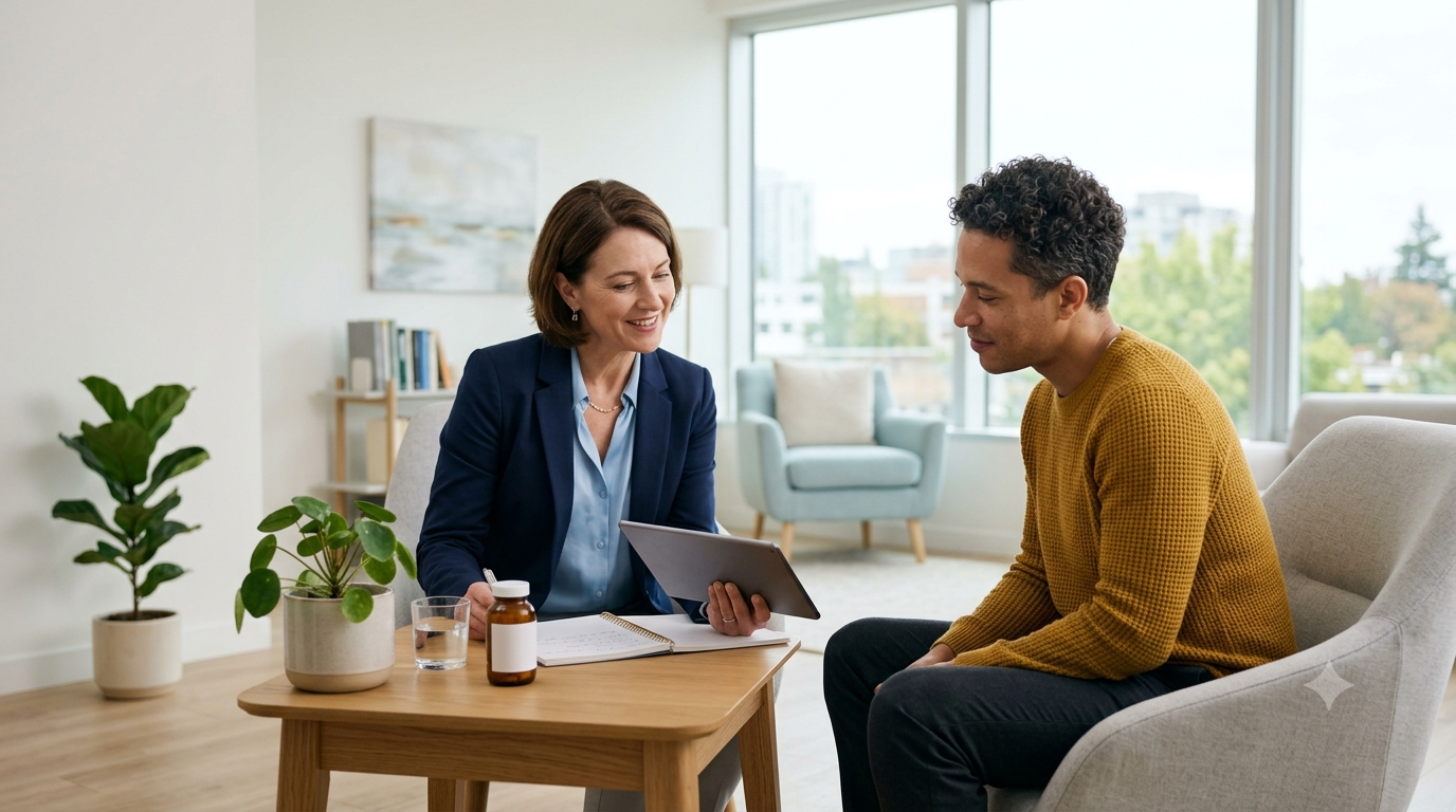 A smiling doctor shows a tablet to a man in a modern office, with a prescription bottle on the table.